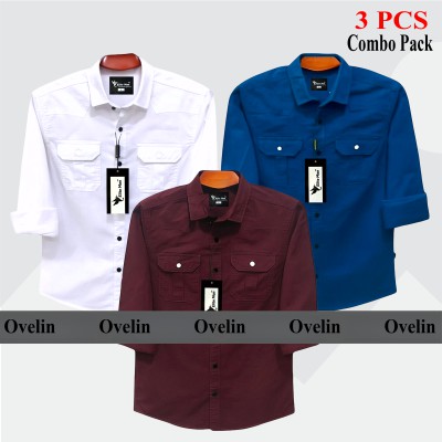 3 Pcs Combo Premium Quality Double Pocket Shirt - White, Maroon & Royal Blue.