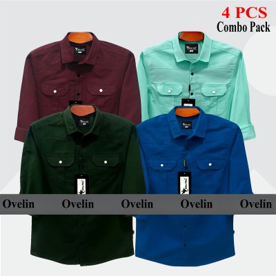 4 Pcs Combo Premium Quality Double Pocket Shirt - Pest, Green, Maroon & Royal Blue.