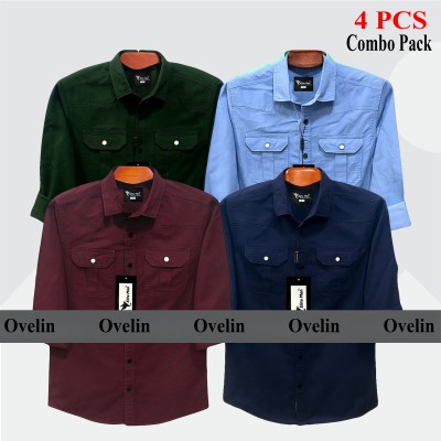 4 Pcs Combo Premium Quality Double Pocket Shirt - Green, Maroon, Sky Blue & Navy Blue.