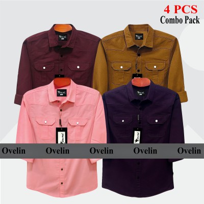 4 Pcs Combo Premium Quality Double Pocket Shirt - Pink, Purple, Maroon & Banson.