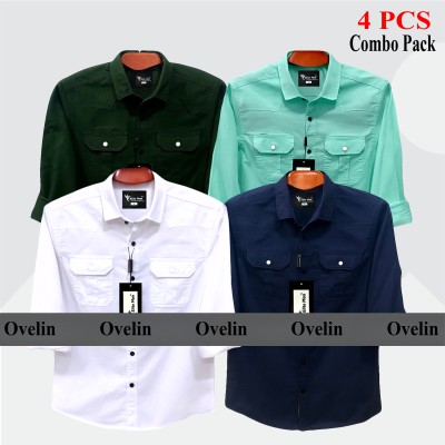 4 Pcs Combo Premium Quality Double Pocket Shirt - White, Pest, Green & Navy Blue.