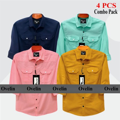 4 Pcs Combo Premium Quality Double Pocket Shirt - Pink, Pest, Kathali & Navy Blue.