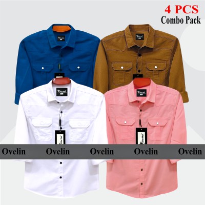 4 Pcs Combo Premium Quality Double Pocket Shirt - White, Pink, Banson & Royal Blue.