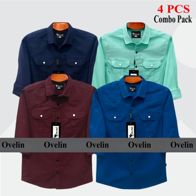 4 Pcs Combo Premium Quality Double Pocket Shirt - Pest, Maroon, Navy Blue & Royal Blue.