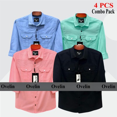 4 Pcs Combo Premium Quality Double Pocket Shirt - Black, Pink, Pest & Sky Blue.