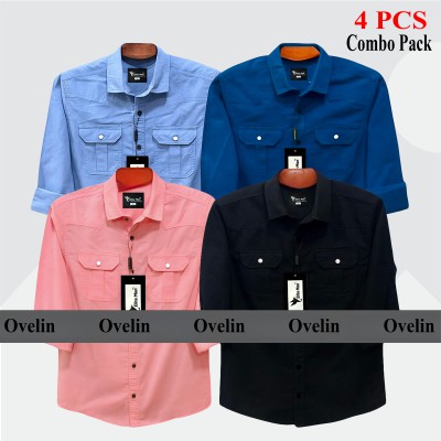 4 Pcs Combo Premium Quality Double Pocket Shirt - Black, Pink, Sky Blue & Royal Blue.