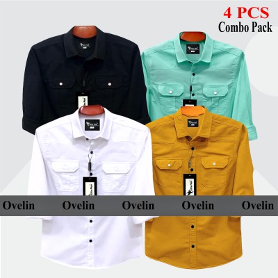 4 Pcs Combo Premium Quality Double Pocket Shirt - Black, White, Pest & Kathali.