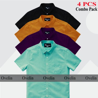 4 Pcs Combo Short Sleeve Shirt - Black, Pest, Purple & Kathali.