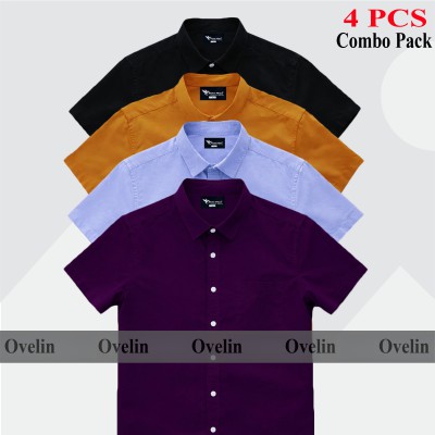 4 Pcs Combo Short Sleeve Shirt - Black, Purple, Kathali & Sky Blue.