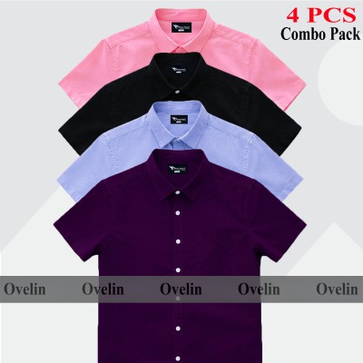 4 Pcs Combo Short Sleeve Shirt - Black, Pink, Purple & Sky Blue.