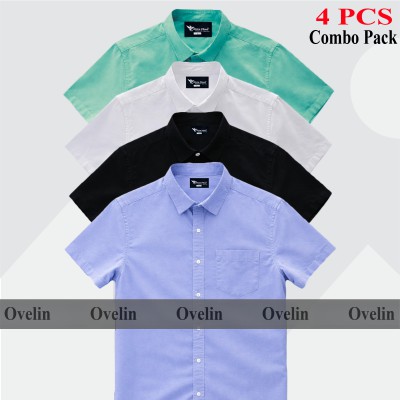 4 Pcs Combo Short Sleeve Shirt - Black, White, Pest & Sky Blue.