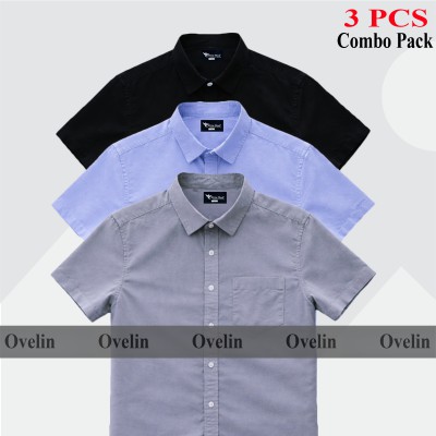 3 Pcs Combo Short Sleeve Shirt - Black, Ash & Sky Blue.