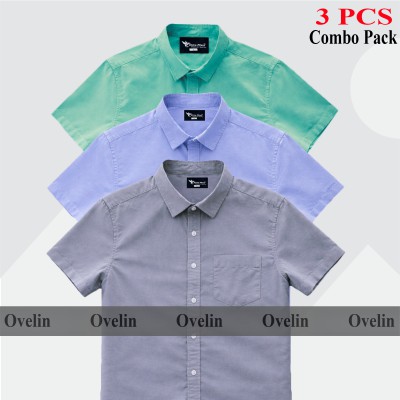 3 Pcs Combo Short Sleeve Shirt - Pest, Ash & Sky Blue.