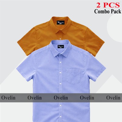 2 Pcs Combo Short Sleeve Shirt - Kathali & Sky Blue.