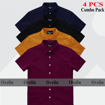 4 Pcs Combo Short Sleeve Shirt - Black, Kathali, Maroon & Navy Blue.