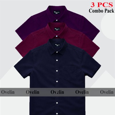 3 Pcs Combo Short Sleeve Shirt - Purple, Maroon & Navy Blue.