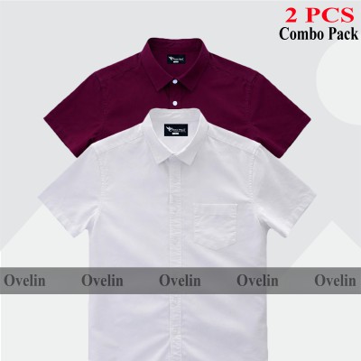 2 Pcs Combo Short Sleeve Shirt - White & Maroon