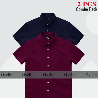 2 Pcs Combo Short Sleeve Shirt - Maroon & Navy Blue.