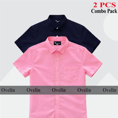 2 Pcs Combo Short Sleeve Shirt - Pink & Navy Blue.