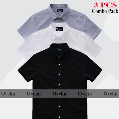 3 Pcs Combo Short Sleeve Shirt - Black, White & Ash.