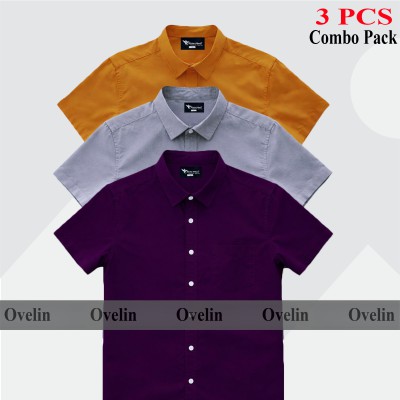 3 Pcs Combo Short Sleeve Shirt - Purple, Ash & Kathali.