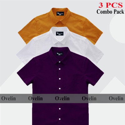 3 Pcs Combo Short Sleeve Shirt - White, Purple & Kathali.