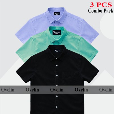 3 Pcs Combo Short Sleeve Shirt - Black, Pest & Sky Blue.