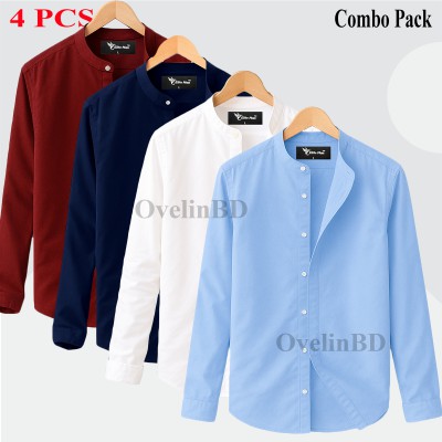 4 pcs Combo Ban Colar Full Sleeve Shirt - White, Maroon, Sky Blue & Navy Blue.