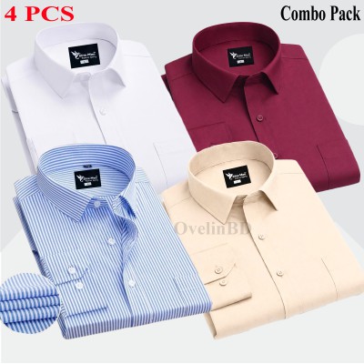 4 Pcs Combo Premium Quality Formal Shirt - White, Maroon, Biscuit & Sky Blue Stripe.