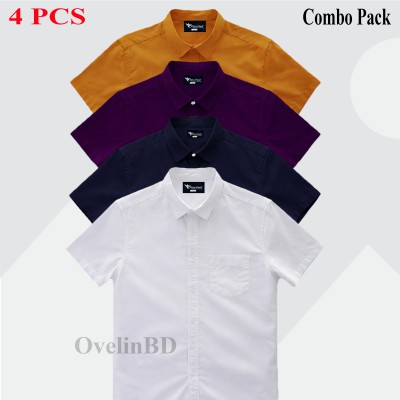 4 Pcs Combo Short Sleeve Shirt - White, Kathali, Purple & Navy Blue.