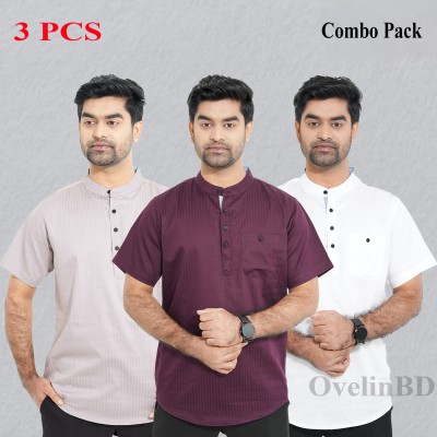 3 pcs Combo Stripe Cotton Fabrics Katua - White, Purple & Light Ash.