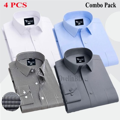 4 Pcs Combo Premium Quality Formal Shirt - White, Ash, Sky Blue & black Stripe.
