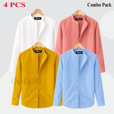4 pcs Combo Ban Colar Full Sleeve Shirt - White, Pink, Kathali & Sky Blue.