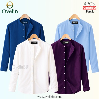 4 pcs Combo Ban Colar Full Sleeve Shirt - White, Purple, Teal & Sky Blue.
