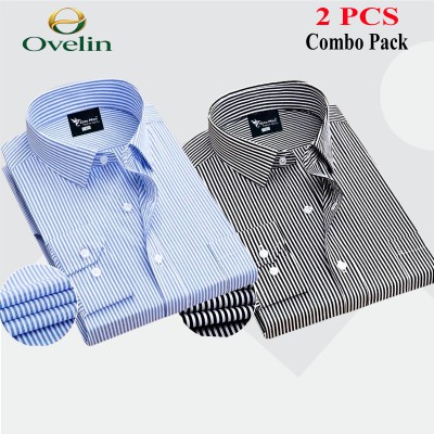 2 Pcs Combo Premium Quality Formal Shirt - Black Stripe & Sky Blue Stripe.