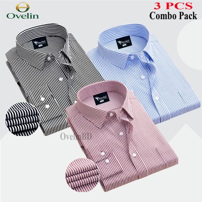 3 Pcs Combo Premium Quality Formal Shirt - Black Stripe, Maroon Stripe & Sky Blue Stripe.