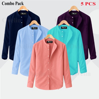 5 pcs Combo Ban Colar Full Sleeve Shirt - Pink, Pest, Purple, Sky Blue & Navy Blue.