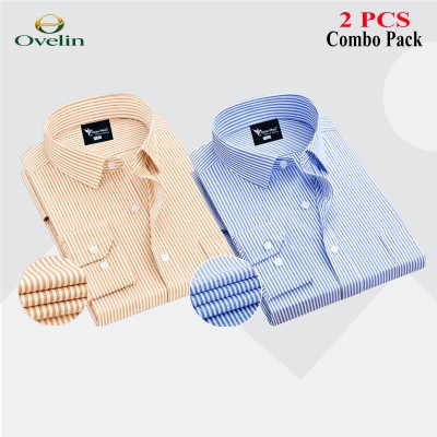 2 Pcs Combo Premium Quality Formal Shirt - Beige Stripe & Sky Blue Stripe.