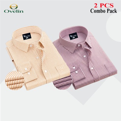 2 Pcs Combo Premium Quality Formal Shirt - Black Stripe & Beige Stripe.