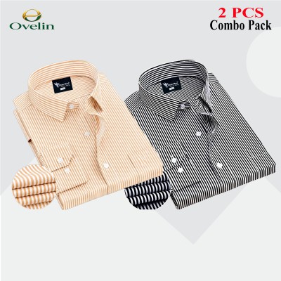 2 Pcs Combo Premium Quality Formal Shirt - Black Stripe & Beige Stripe.