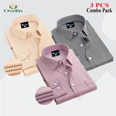 3 Pcs Combo Premium Quality Formal Shirt - Black Stripe, Maroon Stripe & Beige Stripe.