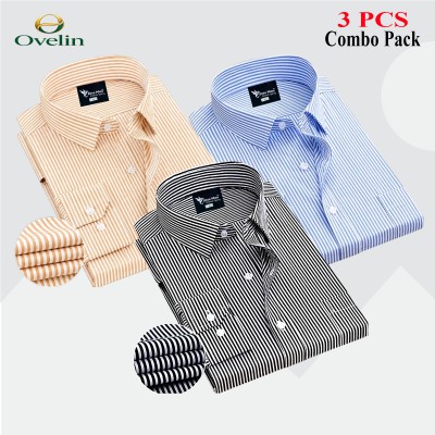3 Pcs Combo Premium Quality Formal Shirt - Black Stripe, Beige Stripe & Sky Blue Stripe.
