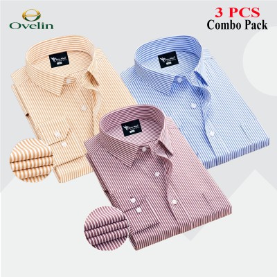 3 Pcs Combo Premium Quality Formal Shirt - Beige Stripe, Maroon Stripe & Sky Blue Stripe.