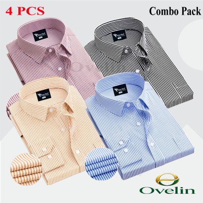 4 Pcs Combo Premium Quality Formal Shirt - Black Stripe, Beige Stripe, Maroon Stripe & Sky Blue Stripe.