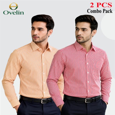 2 Pcs Combo Premium Quality Formal Shirt - Beige Stripe & Maroon Stripe.