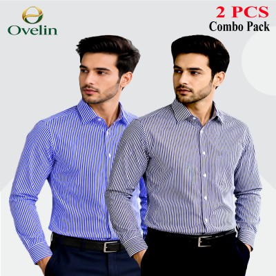 2 Pcs Combo Premium Quality Formal Shirt - Black Stripe & Sky Blue Stripe.