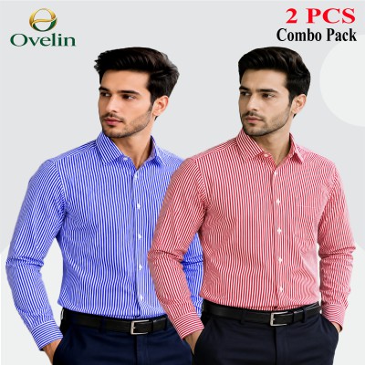 2 Pcs Combo Premium Quality Formal Shirt - Maroon Stripe & Sky Blue Stripe.