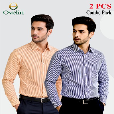 2 Pcs Combo Premium Quality Formal Shirt - Black Stripe & Beige Stripe.