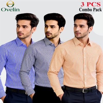 3 Pcs Combo Premium Quality Formal Shirt - Black Stripe, Beige Stripe & Sky Blue Stripe.