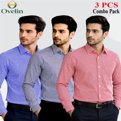 3 Pcs Combo Premium Quality Formal Shirt - Black Stripe, Maroon Stripe & Sky Blue Stripe.